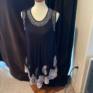 Black Sleeveless Dress with White Embroidery